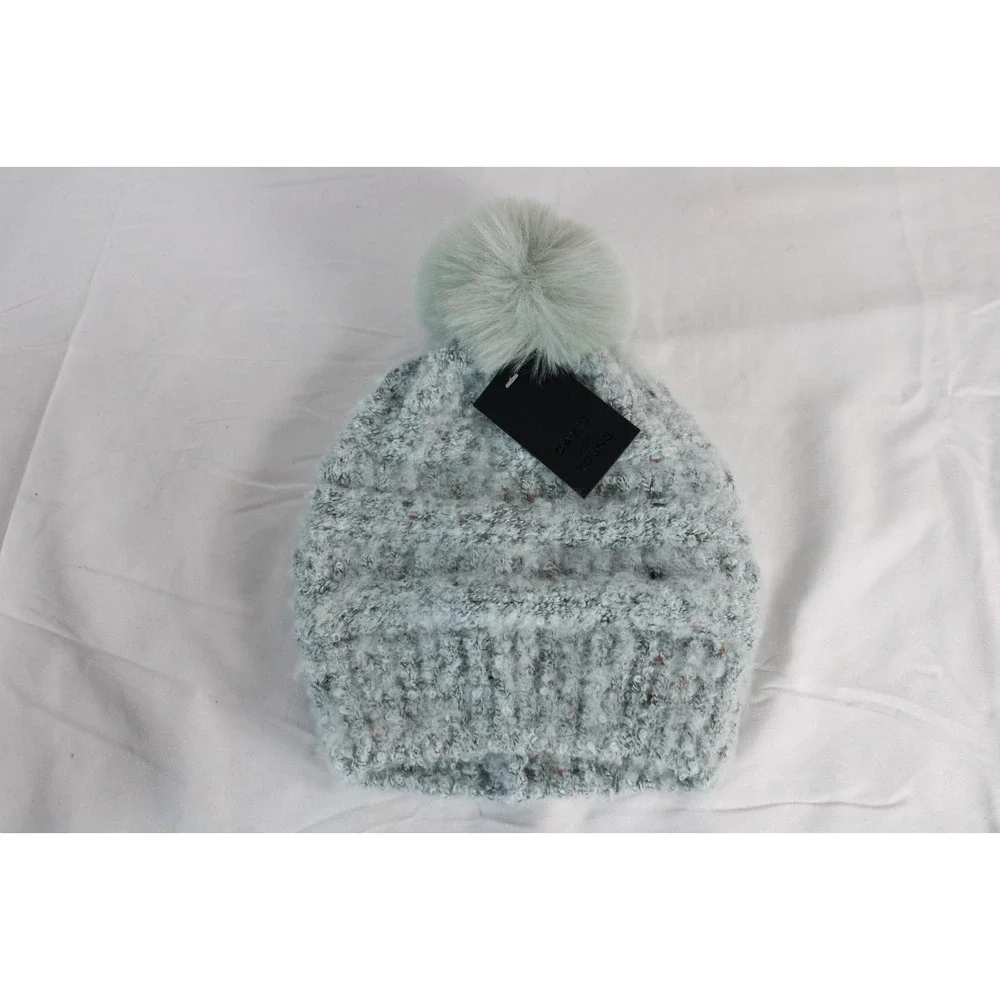 David and Young Mint Green Knit‎ Beanie Faux Fur Pom Pom Winter Hat NWT